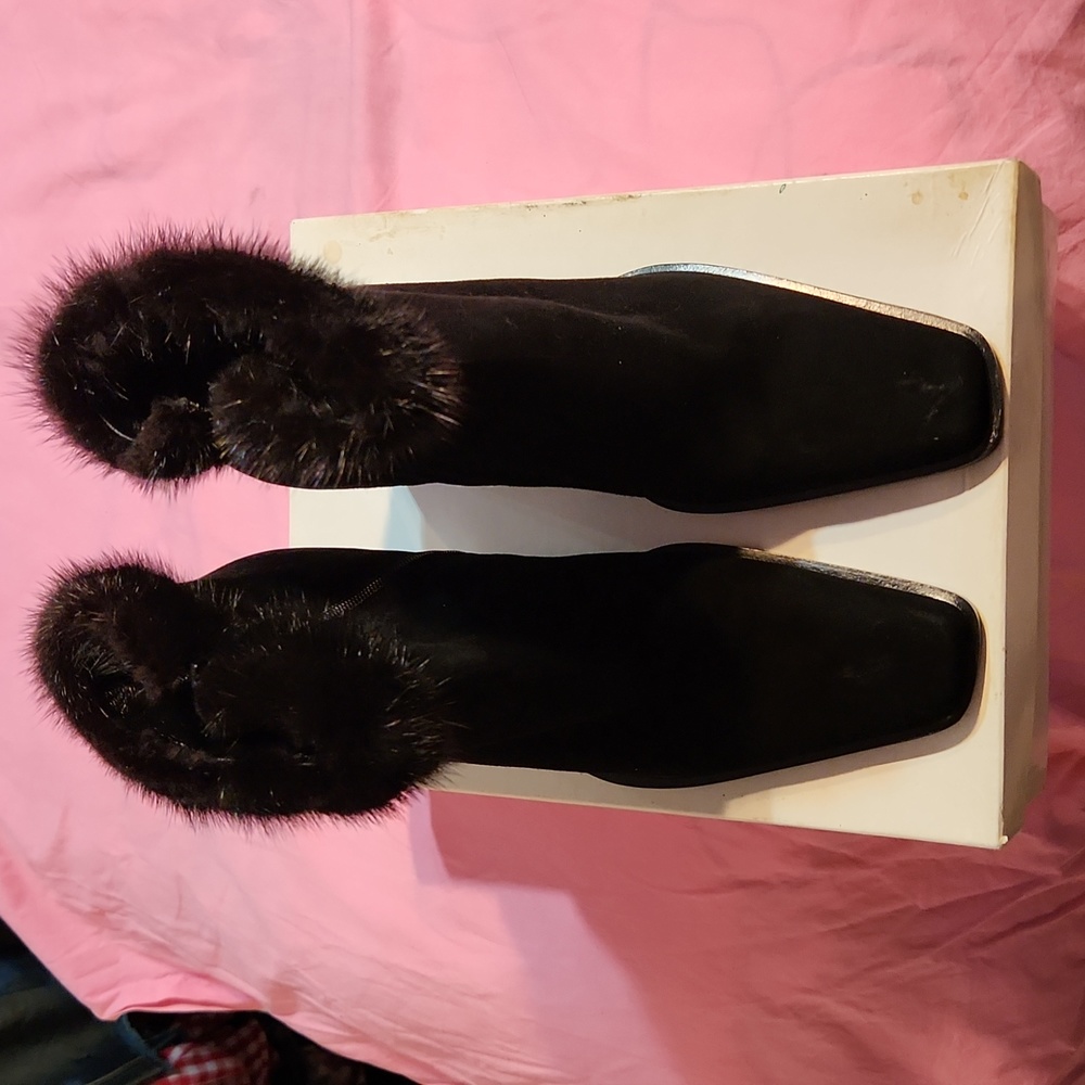 Italian Suede Booties With Genuine Mink Trim